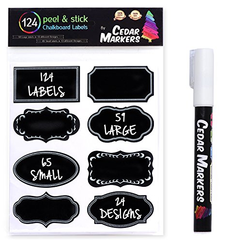 Cedar Markers Chalkboard Labels. Pack of 124 Reusable Stickers in 24 Different Designs and a Bonus White Chalk Marker. Premium Labels for Glass Jars, Food Containers, Kitchen and Pantry Organizing.