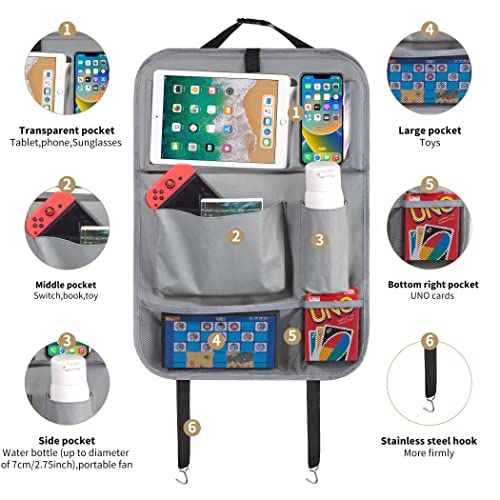 Image of LUCMO Car Backseat Organizer with Foldable Tablet Holder, Grey | 6 Storage Pockets,Foldable Food Tray,Protectors Kick Mats,Travel Accessories,Seat Cover,Road Trip Essentials
