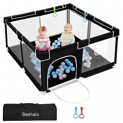 Image of BeeHalo Baby Playpen Baby Playard, Playpen for Babies and Toddlers with Gate, Indoor & Outdoor Kids Activity Center with Anti-Slip Base,Sturdy Safety Play Yard with Soft Breathable Mesh(Black,50”×50”)