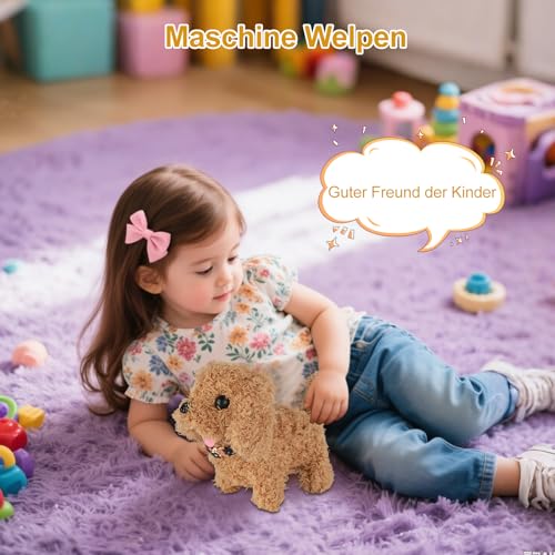 YELKOEYN Roboter Hund Spielzeug - Kuscheltier Hund Mit Leine der Läuft und Belltschwanzwedelnd und Geräuschgebend, Golden Retriever Roboter Welpen Puppy Dog für Kinder (A)