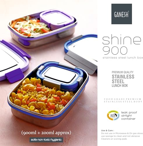 Image of Ganesh Shine Stainless Steel Airtight Leak-Proof Lunch Box for Office, School, Picnic - 900 ml - Blue