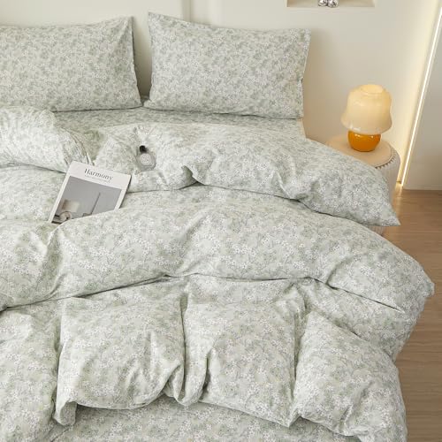 Image of VM VOUGEMARKET Twin Duvet Cover Set with Green Flower Pattern,Pure Cotton Bedding Set Vintage Floral Prints Comforter Cover Conquette Cottagecore Bedding for Teen Girls