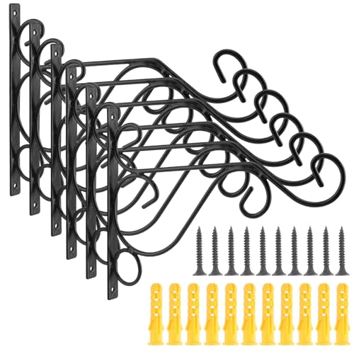 PINGEUI 6 Pack Hanging Brackets Hooks, Black Flower Basket Brackets Outdoor