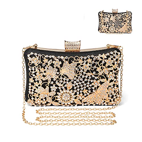 BAIGIO Bolso de Boda Dorado Clutch Mujer Fiesta Carteras de Mano Bolso de Noche Bandolera con Cadena para Ceremonia Novia Diamantes (Negro)