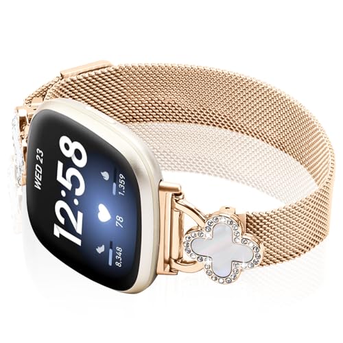 Band Compatible with Fitbit Sense/Sense 2 Versa 3/Versa 4 for Women Stainless Steel Magnetic Strap Adjustable Four Leaf Clover Watch Bands.