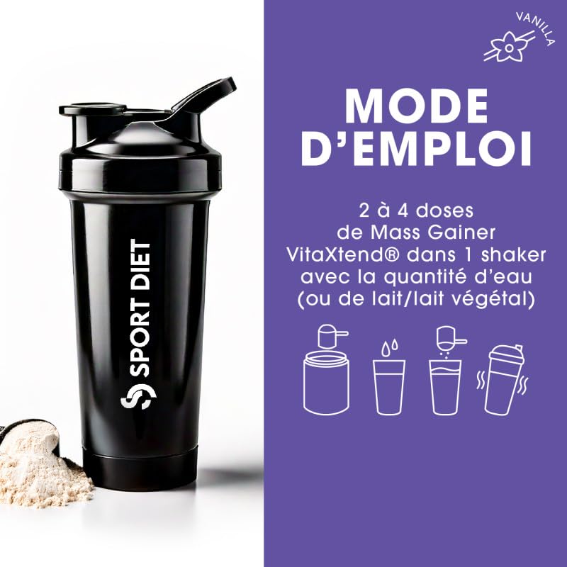 MASS GAINER VITAXTEND – Gainer Riche en Protéines & Glucides – Soutien à la Croissance Musculaire & Énergie – Vitamines B6, C, D3, E – Réduction de la Fatigue & Récupération – 3500g – SportDiet