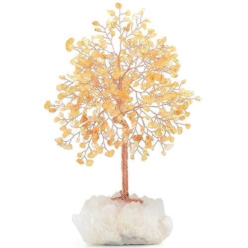 MASGEMES Gemstone Crystal Tree of Life Natural Citrine with Row Clear Quartz Base Chakra Healing Crystals Positive Energy Fengshui Decor Bonsai Money Tree Home Decor Gift Height 8.5-9 Inches