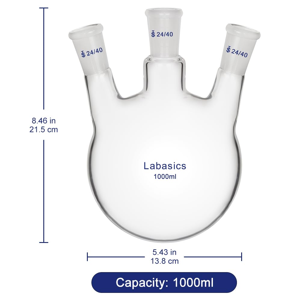 Labasics Vidrio 1000ml RBF Matraz de Fondo Redondo con 3 Cuellos de Ángulos, 3 Neck Round Bottom Flask con Junta Exterior 24/40 Central y Lateral Estándar - 1000ml
