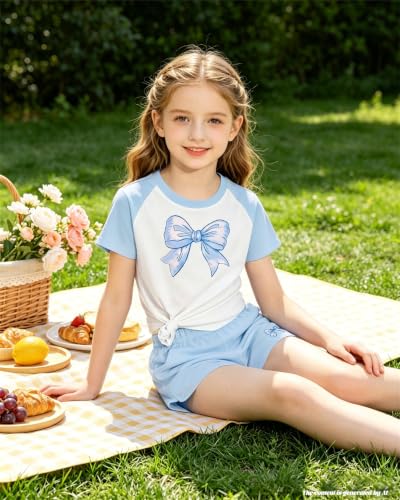 Image of Bestuline Girls Summer 2 Piece Outfits,Basic Short Sleeve Top & Shorts Set with Side Pockets,4-14Y