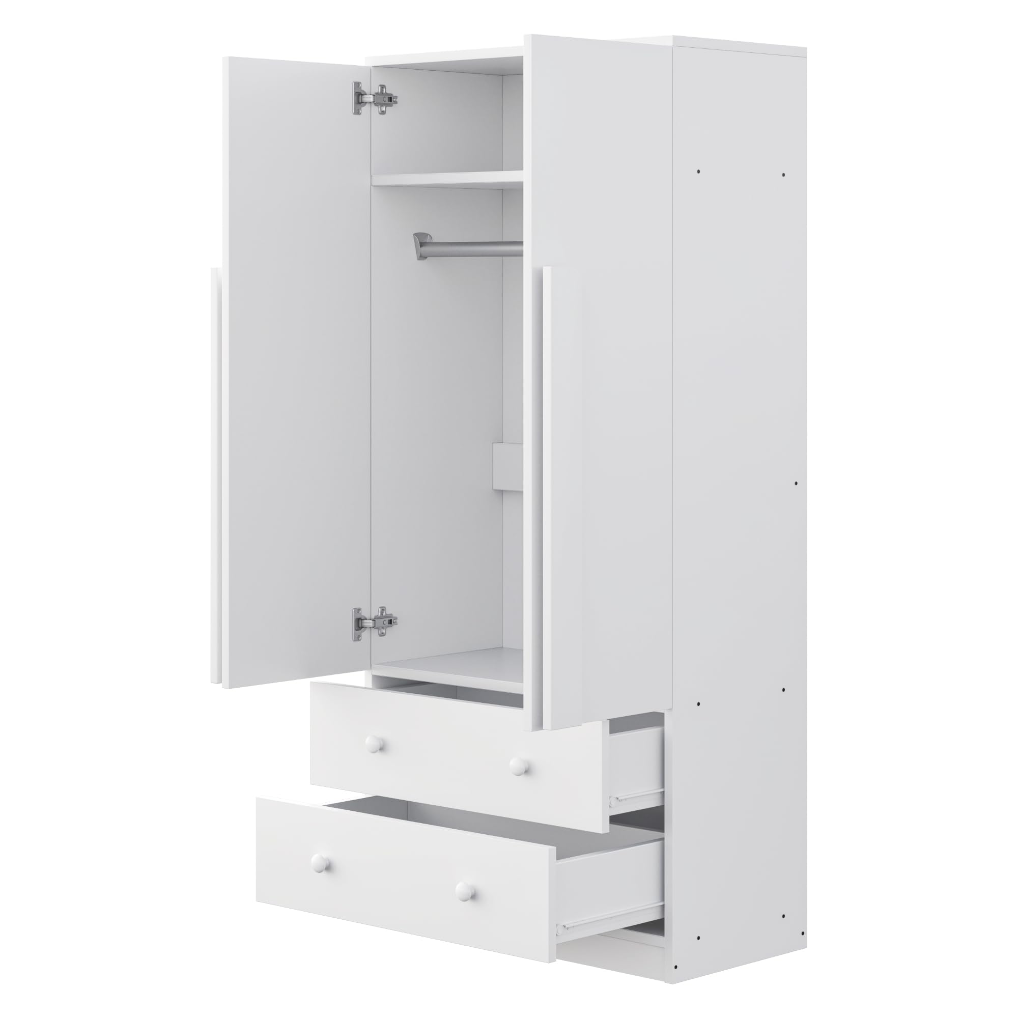 Kleiderschrank, Mehrzweckschrank mit 2 Türen 2 Schubladen, Vielseitiger Drehtürenschrank Garderobenschrank Garderobe Schrank Schlafzimmerschrank, Weiß, 70x40x170 cm