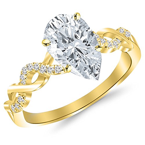 14K White Gold 1.13 Carat LAB GROWN DIAMOND Twisting Infinity Gold and Diamond Split Shank Pave Set Pear Cut Diamond Engagement Ring (E-F Color VS2-SI1 Clarity 1 Ct Center)
