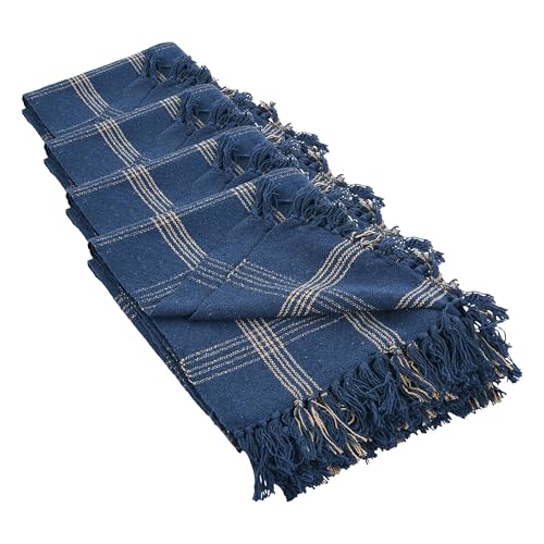 Image of Creative Co-Op Recycled Cotton Blend Throw Blanket with Fringe, Blue Plaid (Pack of 4)