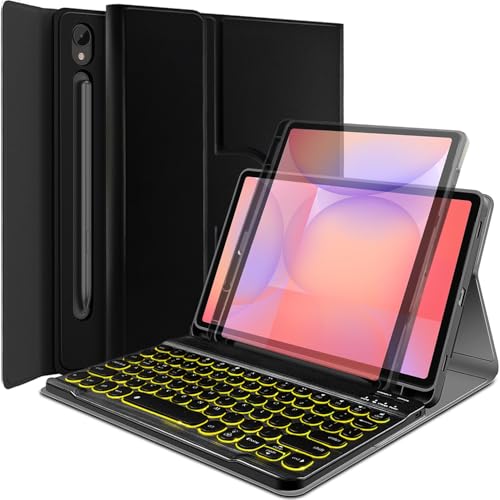 Backlit Keyboard Case for Samsung Galaxy Tab S10 Lite/ S10 FE/ S9 FE 5G 10.9 Inch/Tab S9 11 Inch, 7 Color Light Detachable Wireless Keyboard with 360 Rotatable PU Case