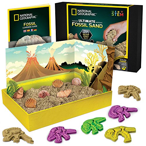 NATIONAL GEOGRAPHIC Fossil Play Sand - 2 lb of Play Sand, 4 Large Molds, 6 Real Fossils, A Kinetic Sensory Sand Activity Kit for Boys & Girls