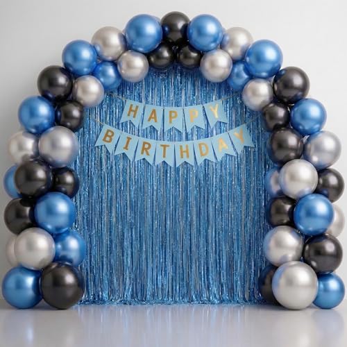 Image of Just Party Happy Birthday Decoration Kit, Blue Silver and Black - Pack of 60 | Super Shinny Balloons for Birthday Decoration | Birthday Balloons for Kids & Adults | Super Shinny Foil Fringe Curtains