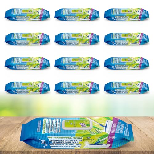 Juniper CLEAN Wet Floor Wipes, Multi Surface Floor Cleaner Wet Mop Pads Fit Swiffer Sweeper Mop, Fresh Scent & Plant-Based Textured Cloth Trap Absorb Dirt, 20 Count (Pack of 12)