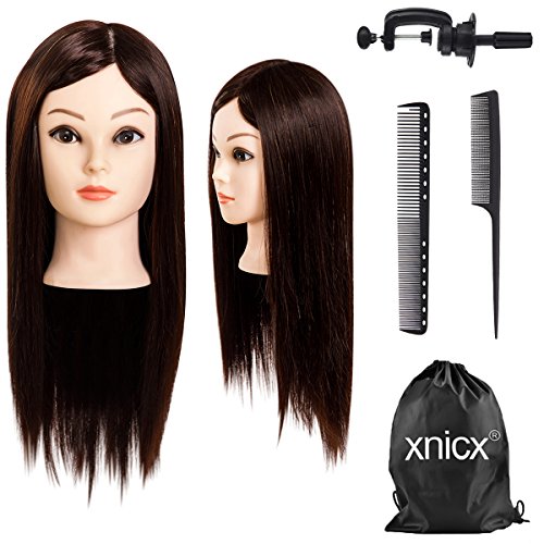xnicx Hairdressing Brown Colour Professional Real Hair 22 Inch Training Mannequin Head Hairdresser Training Head With Clamp Stand For College and Professional to practice Cutting Braiding Setting