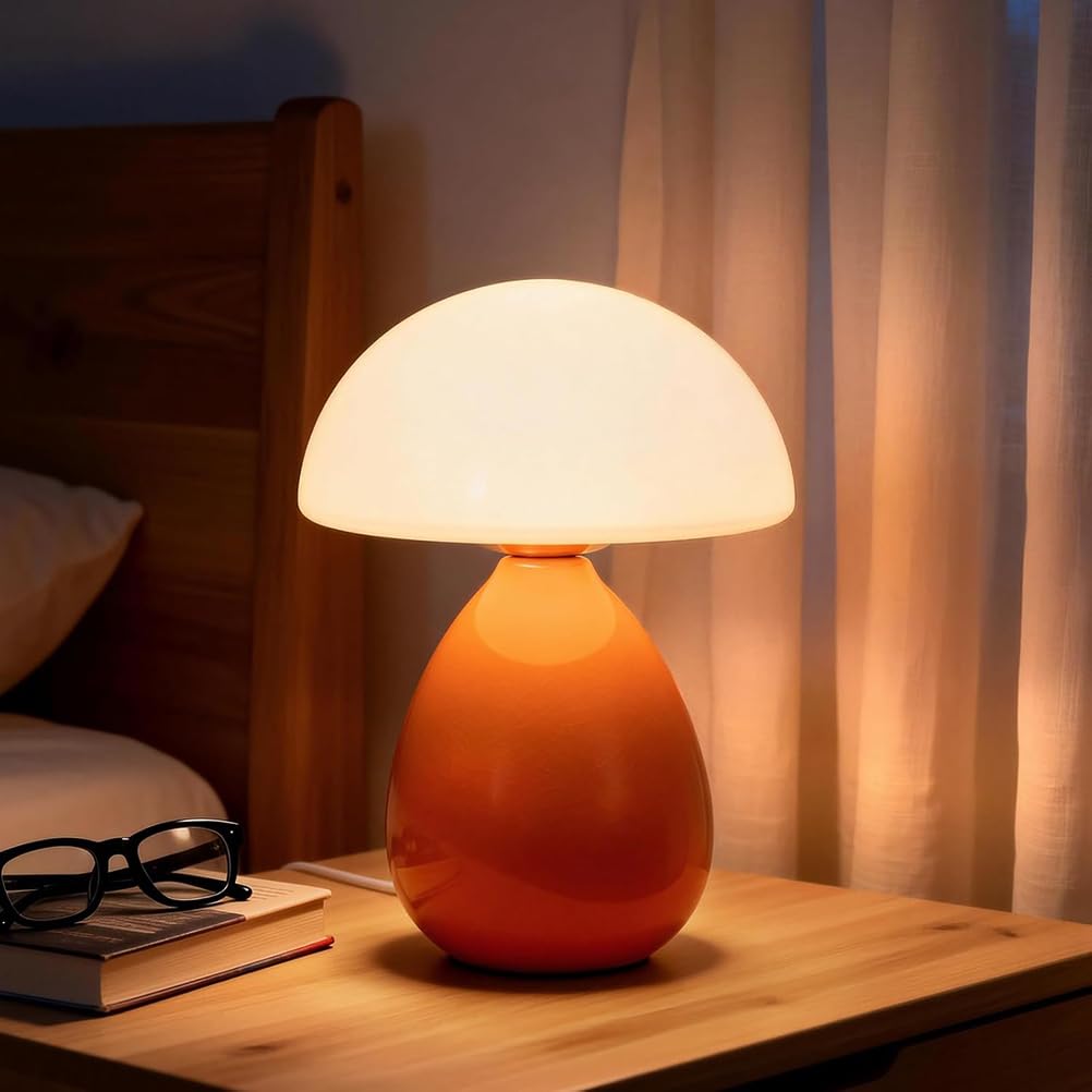 AoLa Pilzlampe Orange LED Pilz Tischlampe mit Kabel und Schalter Dimmbar Tischleuchte lnnen mit Stecker Orange Nachttischlampe Glas Modern Dekorative Lampe für Wohnzimmer Schlafzimmer, 3000K