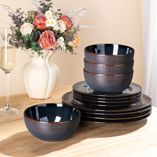 Image of GBHOME Ceramic Dinnerware Sets,12 pcs Embossed Elegant Stoneware Plates and Bowls Sets, Housewarming Wedding Gift | Dishwasher & Microwave Safe | Dishes Set Service for 6