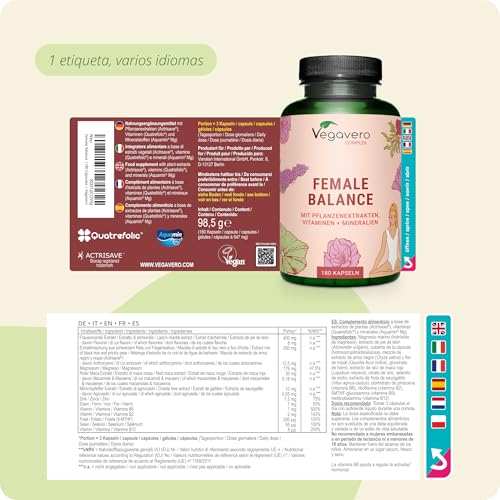 Vegavero Female Balance | Síndrome Premenstrual (PMS) y Acné Hormonal | Sauzgatillo (Vitex Agnus Castus), Acido Folico, Maca Roja, Magnesio | 180 Cápsulas | Sin Aditivos & Vegano