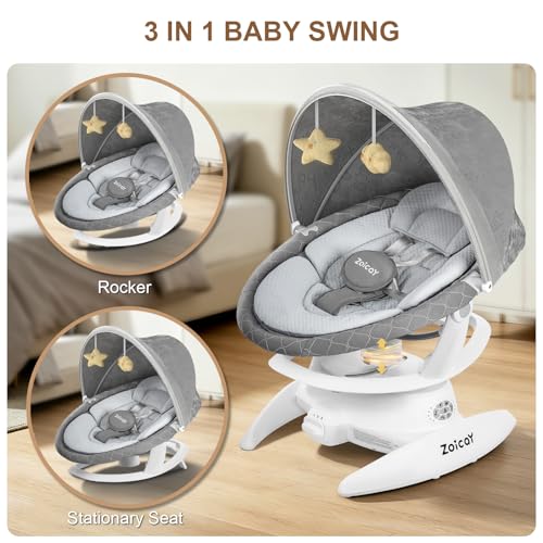 Image of 3-in-1 Baby Swing for Infants with Motion Detection, Infant Swing with 5 Speeds & 3 Swing Modes, 12 Melodies, Electric Swing for Baby, Indoor & Outdoor Use, Up to 25 lbs, Gray