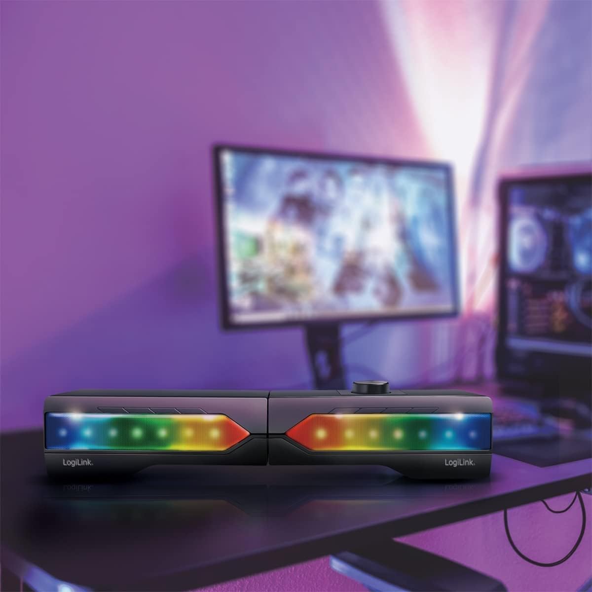 LogiLink Soundbar Mobile Con Luci RGB - Sistema Audio 2 In 1 Bluetooth 5.0, Ingresso AUX, Per PC, Smartphone E TV, Nero - 4