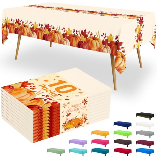 Image of Smiry Disposable Table Cloth - 10 Pack, 54 x 108 Inch Waterproof Rectangle Tablecloths for Parties, Decorative Plastic Table Cover, Leakproof & Sturdy, Beige & Orange