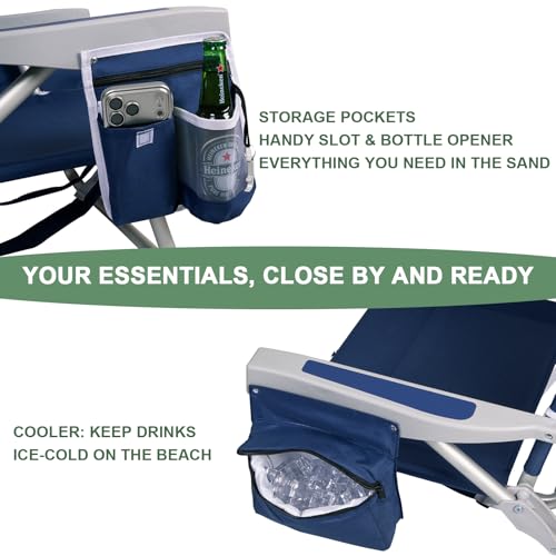 Image of Romswi Extra Wide Beach Chair with Canopy Shade, 2 Pack Aluminum Folding Chairs with Detachable & Adjustable Umbrella, 5-Position Lay Flat, Cooler Bag, Cup & Phone Holder, Towel Bar, Navy Blue