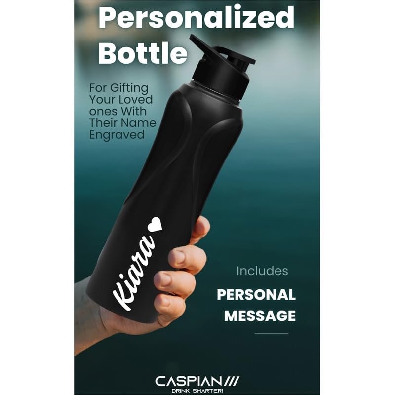 Image of CASPIAN / / / Rise Customised Stainless Steel Water Bottle 1L, Black with Logo Print - Personalised Water Bottle with Your Name Print for Kids Boys Girls School Office Gym- Perfect for Corporate Gifting