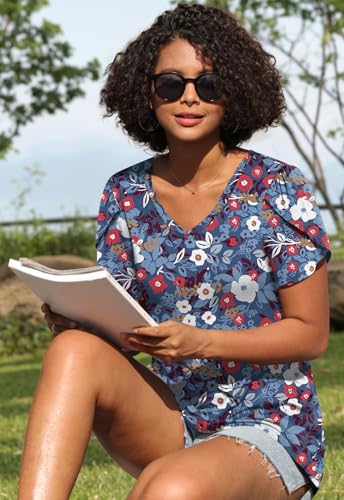 Image of CATHY 2026 Women Tops Summer Short Sleeve Tunic V Neck T-Shirts Loose Casual Floral Blouse S-4XL