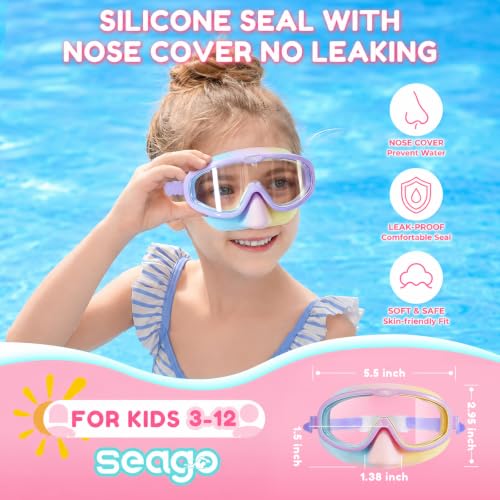 Image of Seago Kids Swim Goggles 2 Pack for 3-12, Anti-Fog Clear View,Toddler Goggles with Nose Cover Swimming Goggles