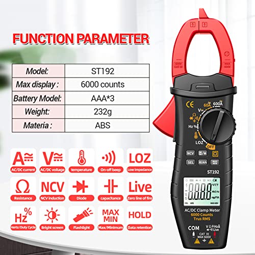 Image of Jadeshay ST192 Clamp Multimeter, 6000 Counts True RMS AC /DC Voltage & Current Tester with Backlit LCD, No Battery Included