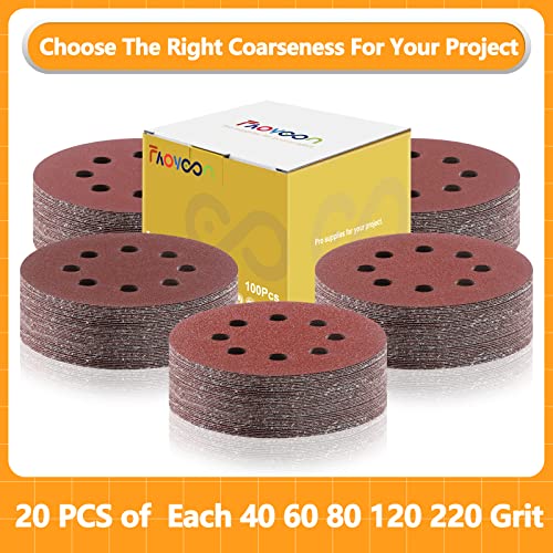 Faoyoon Sanding Disc 5 Inch 8 Hole, 100 Pcs Orbital Sanding Discs Hook And Loop, Sandpaper For Wood, 40 60 80 120 220 Grit Sand Paper For Random Orbital Sander #TOP2