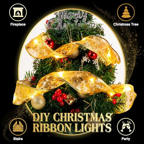GEIGUIWA Christmas Decorations, 2.5Inch x 66Ft 200 Led Christmas Tree Ribbon Lights with 8 Lighting Modes, Battery Operated & USB Powered Fairy String Lights with Timer for Party Xmas Tree Decor
