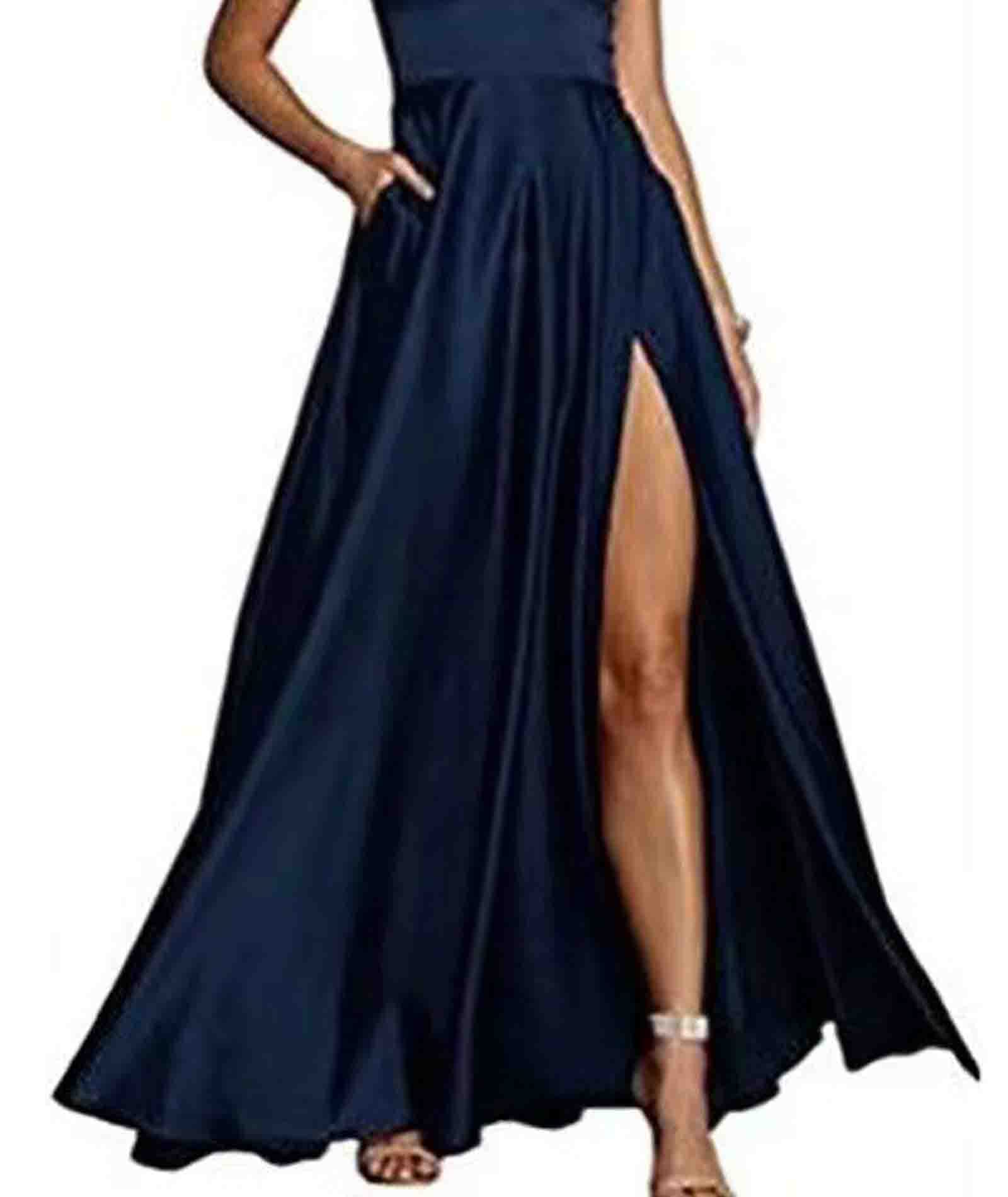 ECDAHICC Frauen Italienische Nudel Verstellbare Riemen Ball Kleid High Neck V-Ausschnitt Satin Tasche Formale Party Abendkleid
