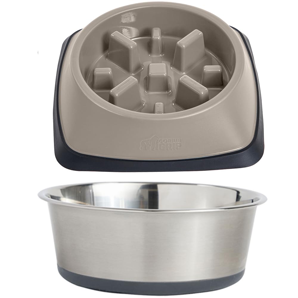 GORILLA GRIP Slow Feeder Dog Bowl, 2 Cup Beige and Stainless Steel Dog Bowl, 4 Cup Gray, 2 Item Bundle