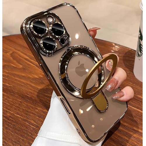 Image of Magnetic Ring Case for iPhone 16 Pro Max Case Kickstand Compatible with MagSafe Built-in Camera Lens Protector Shockproof Phone Case for iPhone 16 ProMax 6.9 inch - Clear Gold