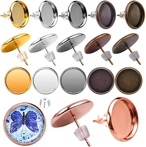 Aylifu Earring Cabochon Settings, 60pcs Stainless Steel Blank Stud Earring Bezel Post Cup fit for 12mm Cabochon with 60pcs Clear Earring Backs for Jewelry Making - 6 Colors