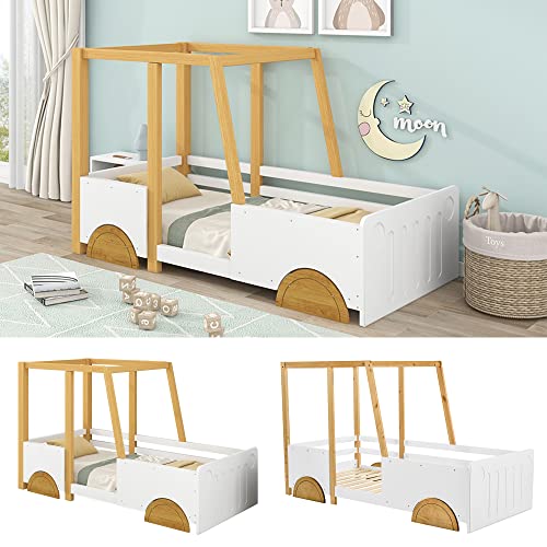 Merax Autobett Kinderbett 90x200cm, Bett mit Lattenrost und MDF-Rädern, Kinder Spielbett mit Rausfallschutz, Rahmen aus Kiefer, Kindermöbel, für Jungen und Mädchen, Weiß + Natur