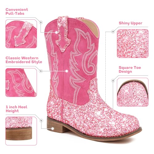 Girls Cowgirl Boots Unisex-Child Mid Calf Glitter Toddler Cowboy Boot Little Big Kids Western Riding Shoes3