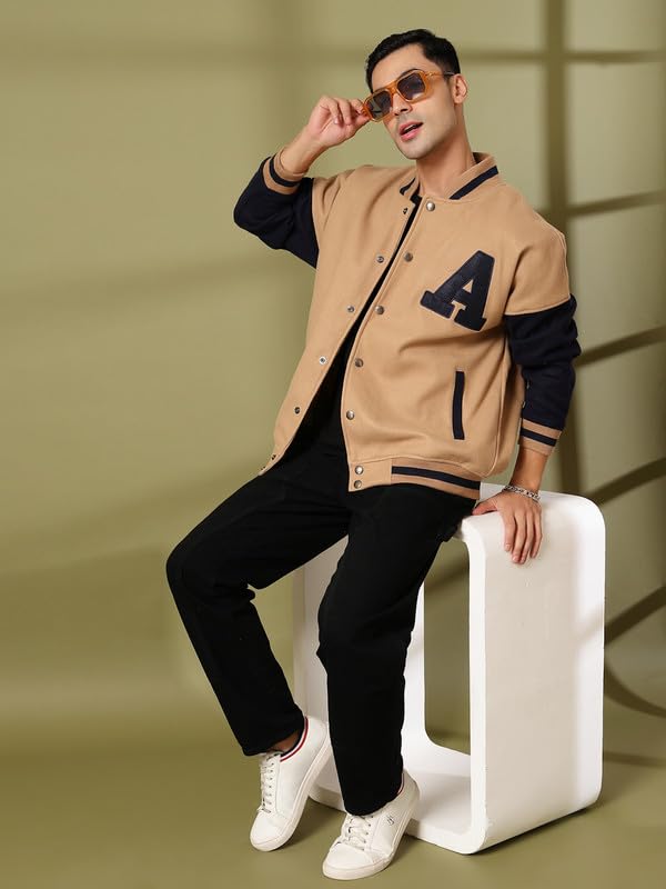 Image of CHKOKKO Men's Oversized Varsity Jacket with Snap Button Closure and Patch Design Trendy Comfortable Outerwear for College Travel and Casual Wear