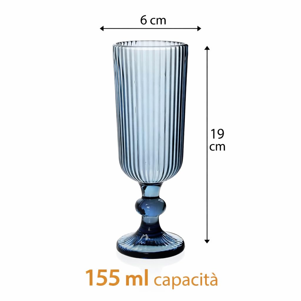 Set 6 Calici Flute in Vetro Rigato 155 ml – Calici Champagne e Aperitivo Eleganti, Design a Righe, Vetro Colorato, Lavabili in Lavastoviglie (Blu)
