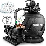 tillvex Pompa Filtro Piscina Portata 13.200L/h fino 40.000L + 1200g Filtro Balls | 7 funzioni | Adattatore 2in1 Ø32-38mm + indicatore pressione | Filtro sabbia piscine (AquaBlack Pro con timer)