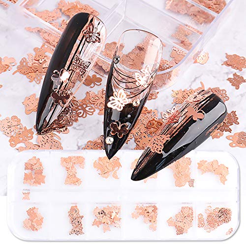 12 Grids Rose Gold Butterfly Nail Art Studs,Hollow 3D Alloy Metal Charms Butterflies Nail Glitters Sequins Flakes Luxury Design Nail Art Decorations