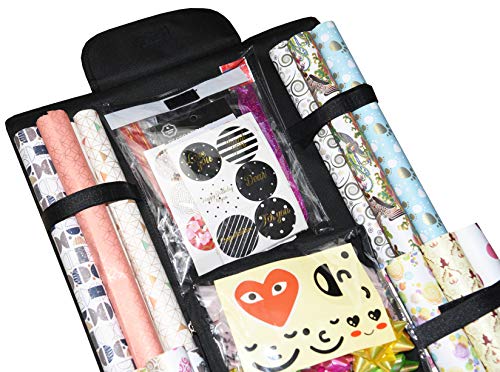 Freegrace Double Sided Hanging Gift Wrap Organizer | Large 16" X 41" Wrapping Paper Rolls Storage Bag | Tearproof & Space Saving Closet Gift Bag Organization Solution (Black) #TOP2