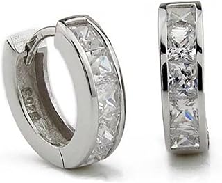 スターリングシルバー 10mm ハギーフープ スモールスクエアスリーパー キュービックジルコニア クリスタルイヤリング, 10mm Diameter, スターリングシルバー, キュービックジルコニア