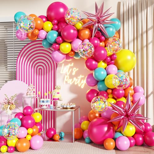 Rainbow Balloons Arch Kit, 140Pcs Colorful Balloons Hot Light Pink Yellow Teal Orange Confetti Tropical Summer Balloon Arch Kit with Star for Wedding Baby Shower Funny Birthday Party Decorations