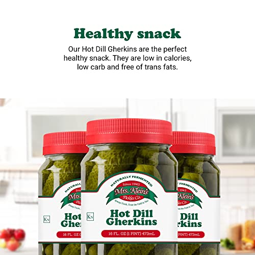 Mrs Kleins Hot Gherkin Pickles | Hot Cornichons Pickles | Miniature Crunchy Dill Pickles Made With Natural Ingredients-Hot Gherkin Pickles- Kosher, Low Carb And Gluten Free 16 Oz- 6 Pack #TOP3