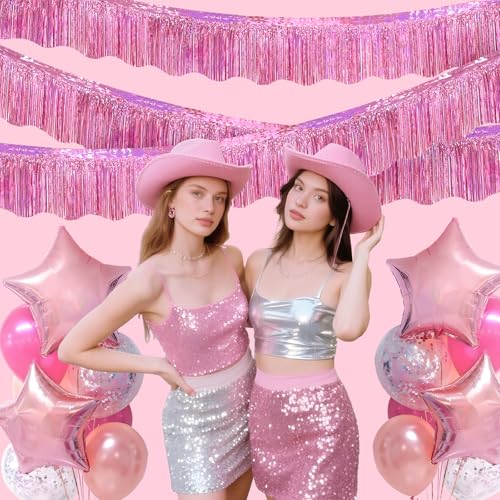 Image of LOLStar Pink Foil Fringe Tinsel Garland, Tinsel Streamers Banner, 6 Pack | 60Ft Metallic Tinsel Streamers Banner, Glitter Photo Booth Props for Wedding, Parade Float, Gender Reveal Party Decor