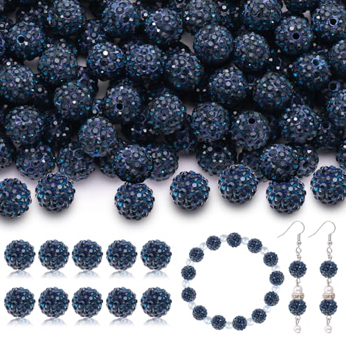 105pcs 10mm Rhinestone Beads for Jewelry Making, Blue Black Shiny Round Disco Ball Beads Bulk, Sparkle Crystal Clay Christmas for Bracelet Baseball Necklace Earring Crafting and DIY